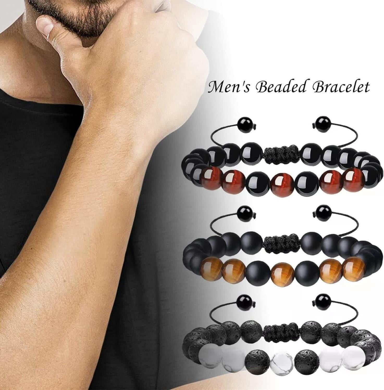 Multi-Piece Set 8Mm Men'S Tiger Eye Bracelet, Men'S Beaded Bracelet, Natural Stone Bracelet, Couple Bracelet, Jewelry Gifts, Men'S and Women'S (Three-Piece Suit)