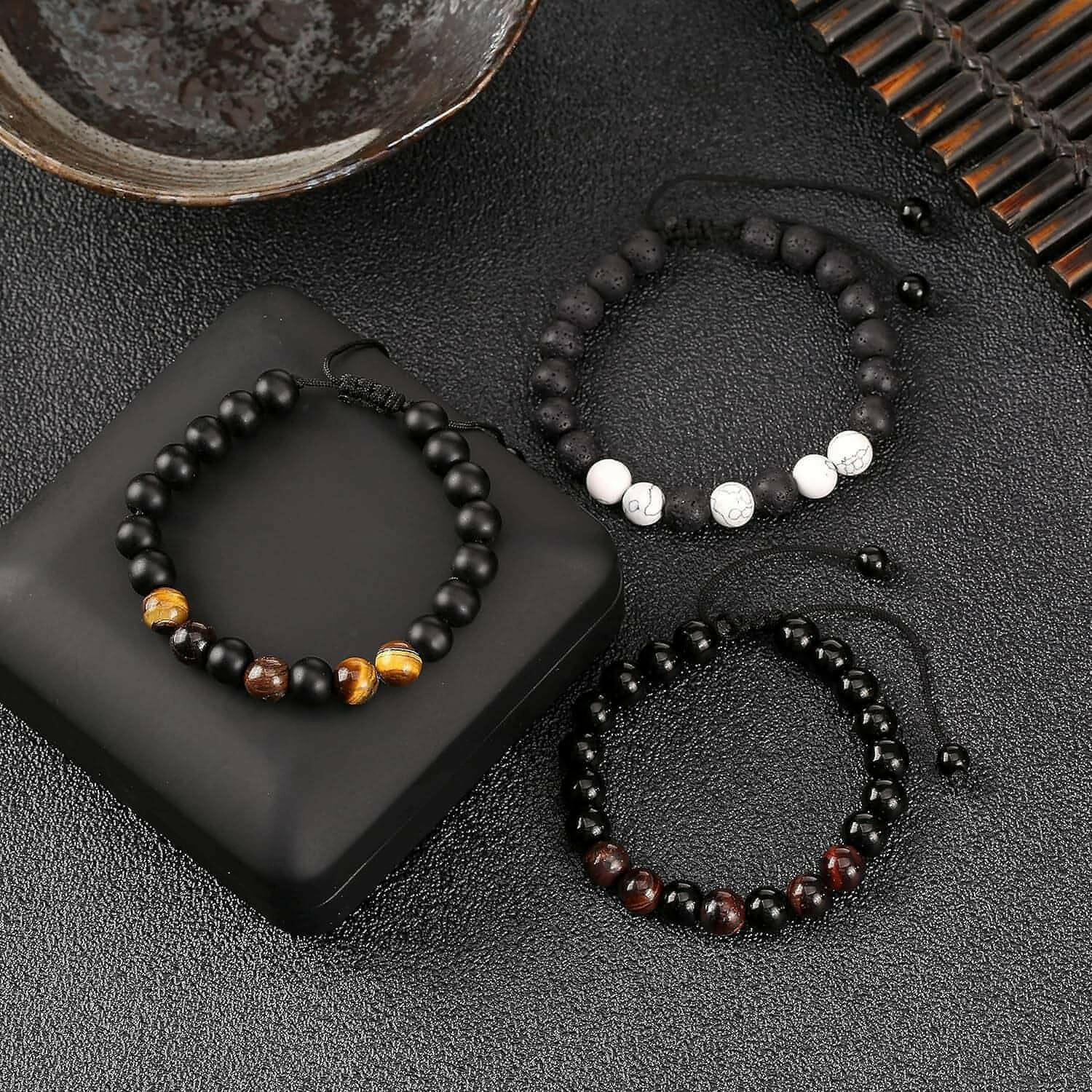 Multi-Piece Set 8Mm Men'S Tiger Eye Bracelet, Men'S Beaded Bracelet, Natural Stone Bracelet, Couple Bracelet, Jewelry Gifts, Men'S and Women'S (Three-Piece Suit)