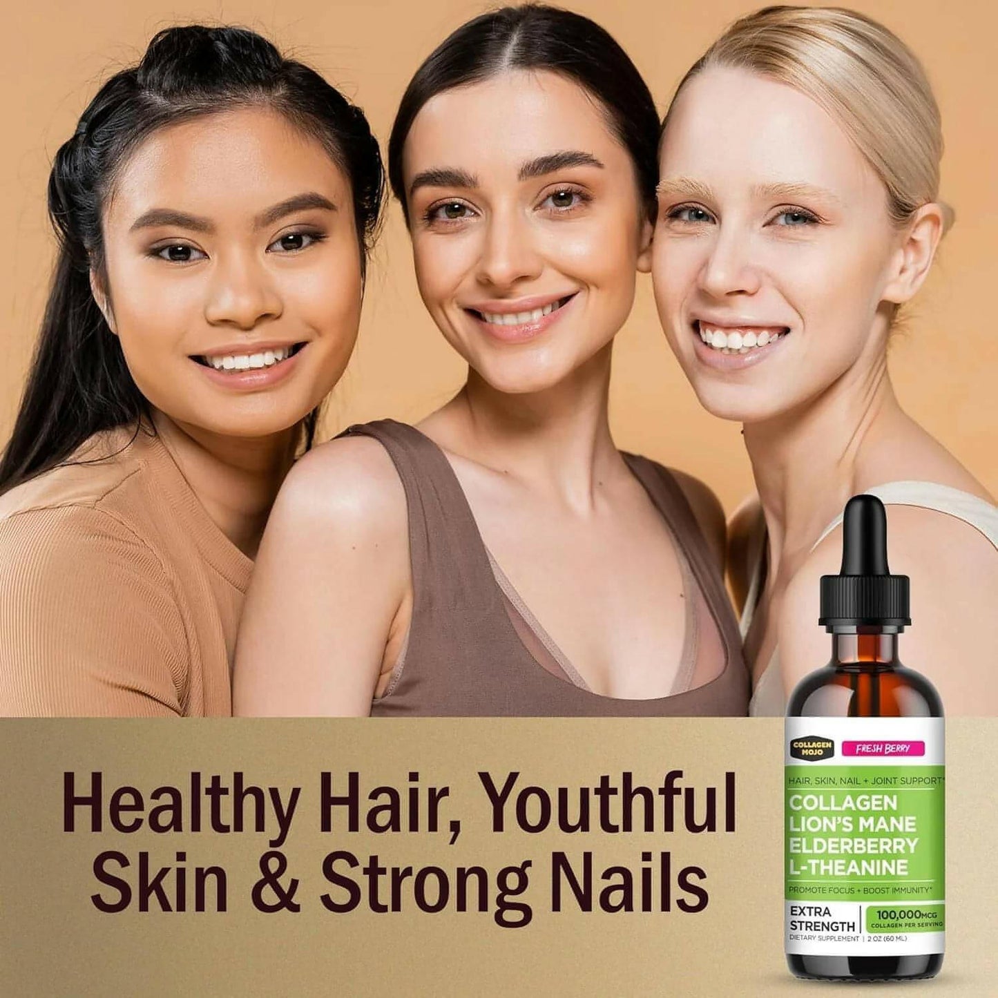 Liquid Collagen Peptides W/ Lion'S Mane Mushroom, Elderberry & L-Theanine – High Potency/Absorption Formula. Hair, Skin, Nail + Joint Support. Fight Brain Fog & Boost Immunity – - 2 Oz.