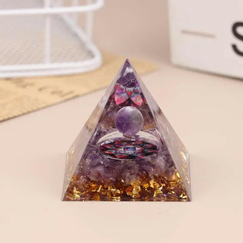 Energy Pyramid Orgonite with Natural Amethyst & Peridot – Reiki Chakra Meditation Tool
