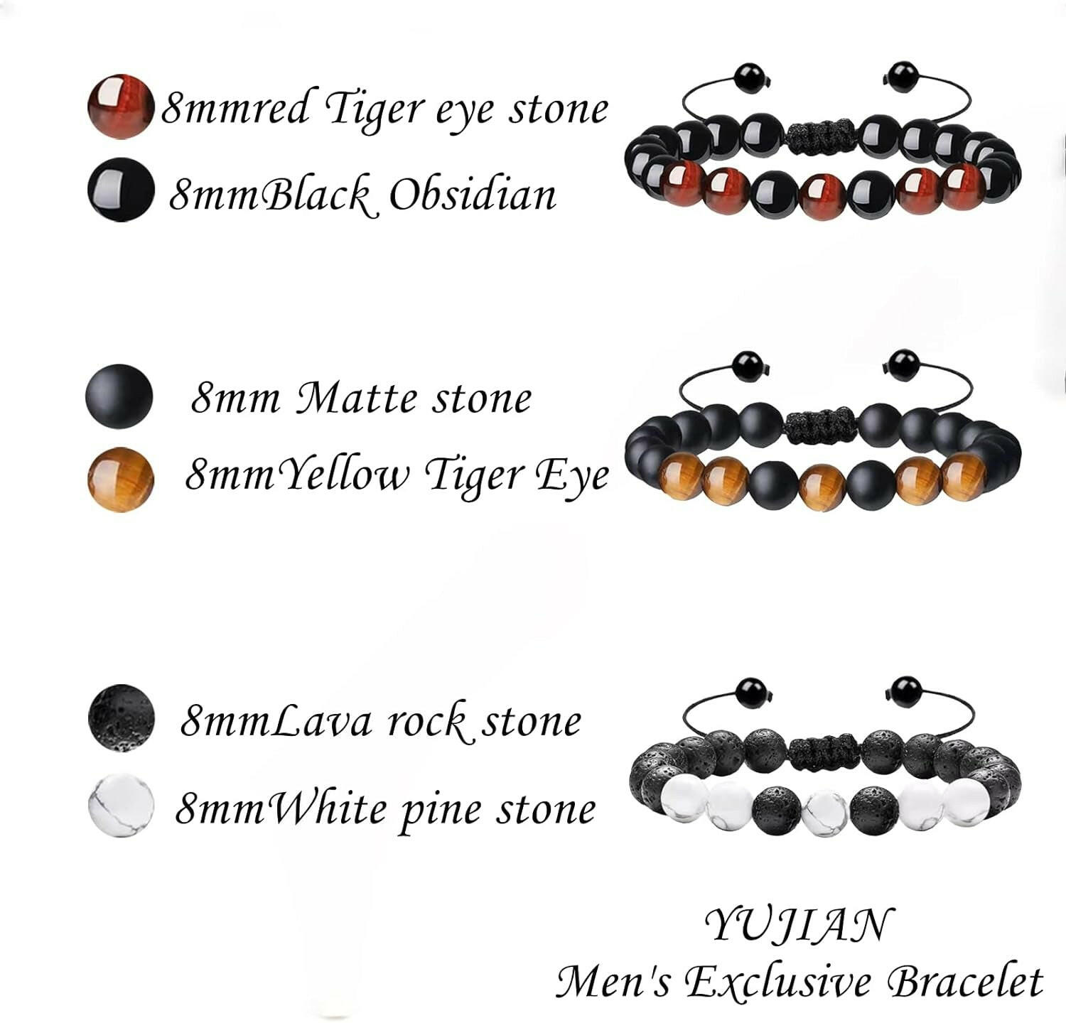 Multi-Piece Set 8Mm Men'S Tiger Eye Bracelet, Men'S Beaded Bracelet, Natural Stone Bracelet, Couple Bracelet, Jewelry Gifts, Men'S and Women'S (Three-Piece Suit)
