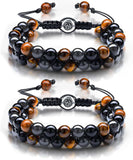 2 Pieces Lava Rock Bead Bracelets Triple Protection Bracelet Hematite Black Obsidian Tiger Eye Stone Bracelet Healing Crystal Gemstone Bead Bracelet Adjustable Anxiety Bracelet