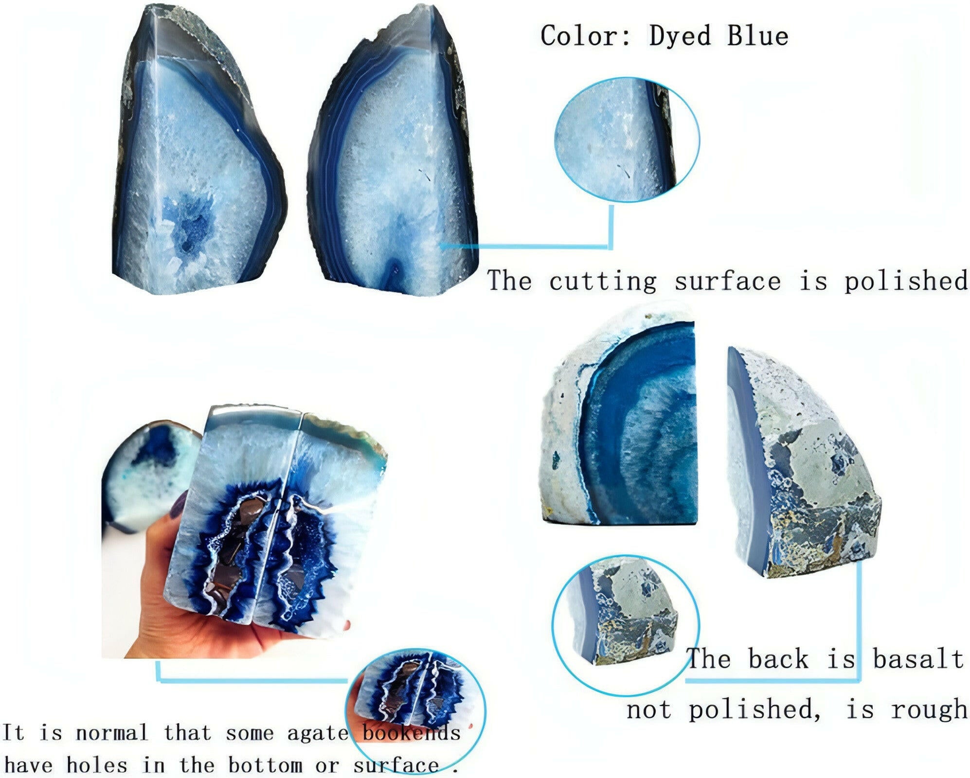 3 Lbs Polished Geode 1 Pair - Dyed Blue Agate Bookends for Decor