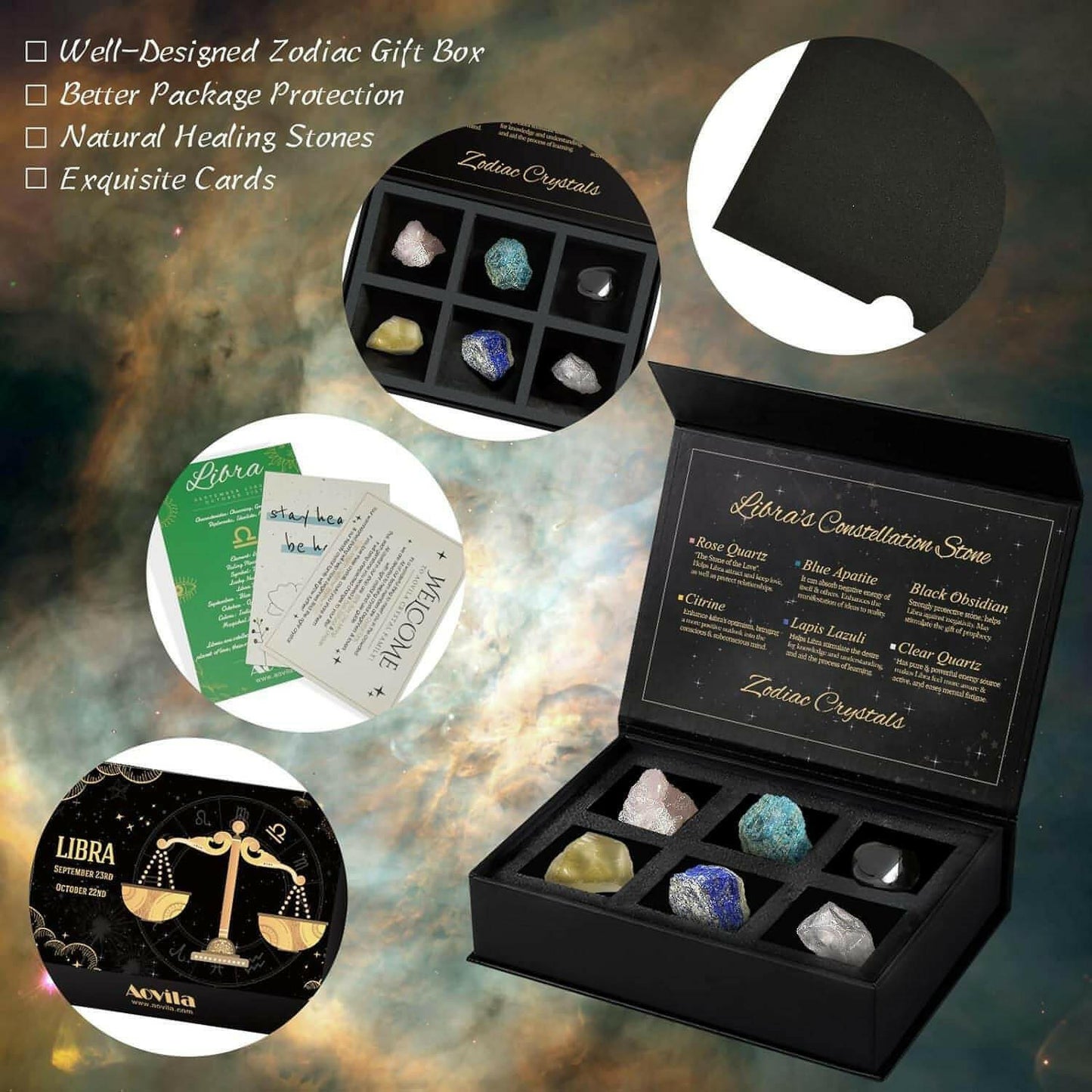 Libra Crystals Gift Set, Libra Zodiac Signs Healing Crystals Birthstones with Horoscope Box Set Libra Astrology Crystals Healing Stones Gifts