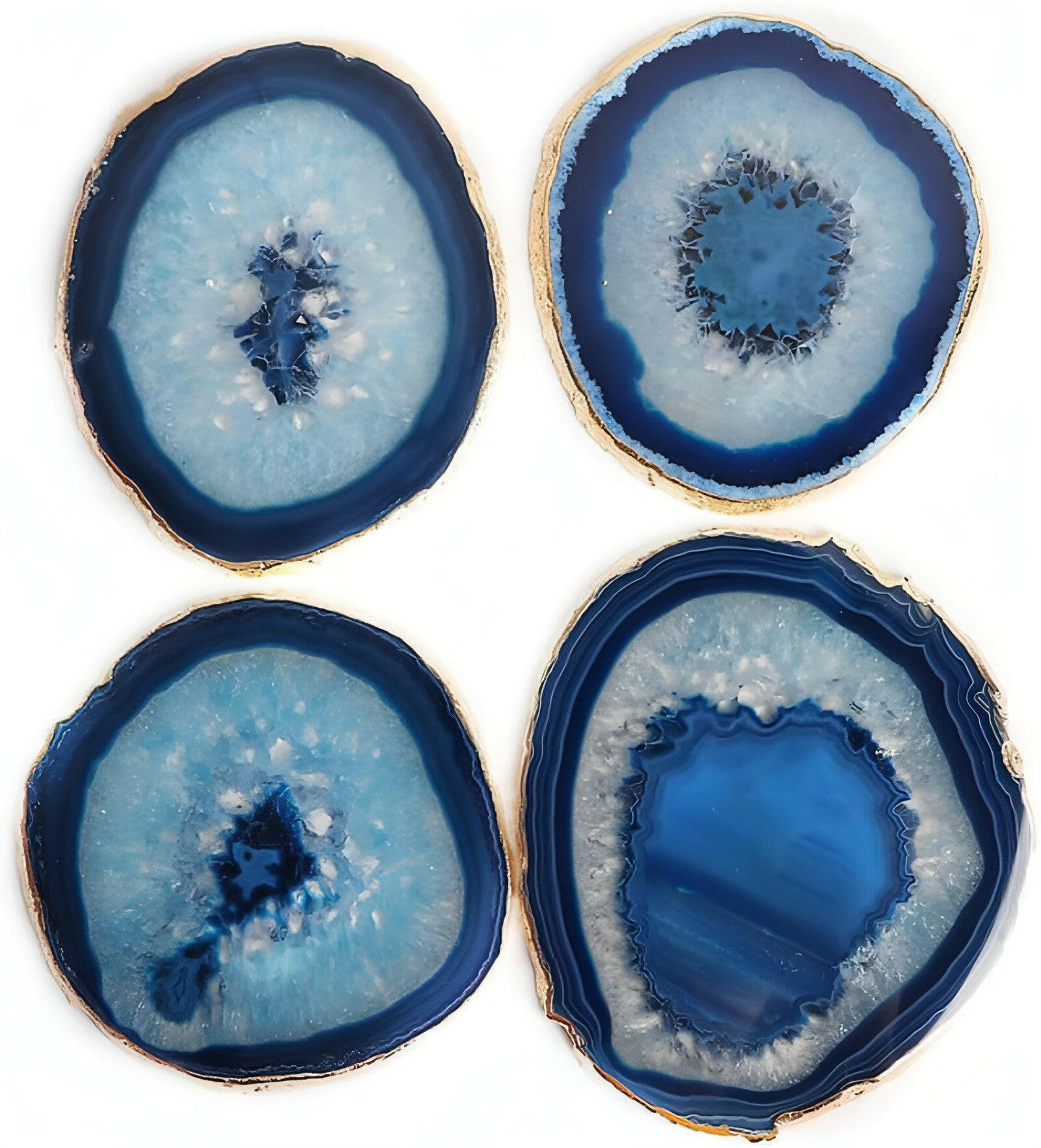 Golden Plated Dyed Blue Agate Coasters Set of 4, Crystal Coaster for Drinks,Geode Coasters with Gold Edge, with Rubber Bumper,Suitable for Kinds of Cups, Wooden Table, Cool Home Decor(3－4")