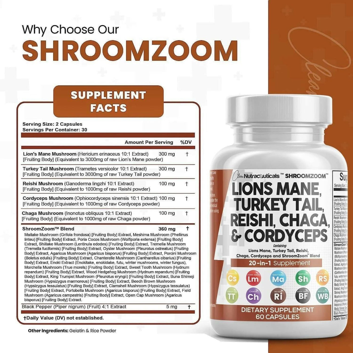Lions Mane 3000Mg 20In1 Mushroom Supplement with Turkey Tail 2000Mg Reishi 1000Mg Cordyceps Chaga 1000Mg Maitake Meshima Poria Cocos Shiitake Oyster Porcini Enoki 60 Count