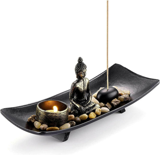 Buddha statue incense burner with tealight holder and stones in a Zen garden design for home and desk decor.