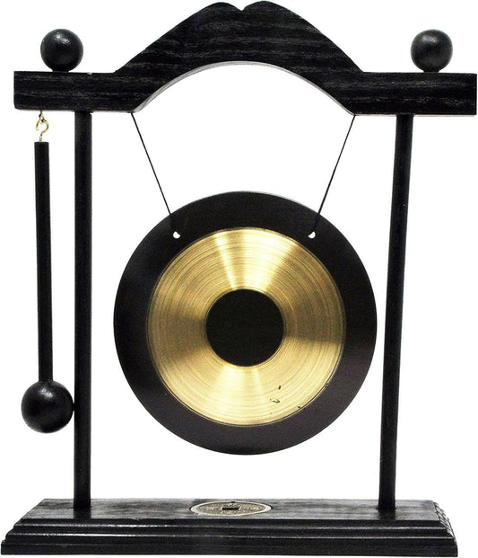 Mini Asian brass gong with wooden stand and mallet for Zen art Feng Shui décor.