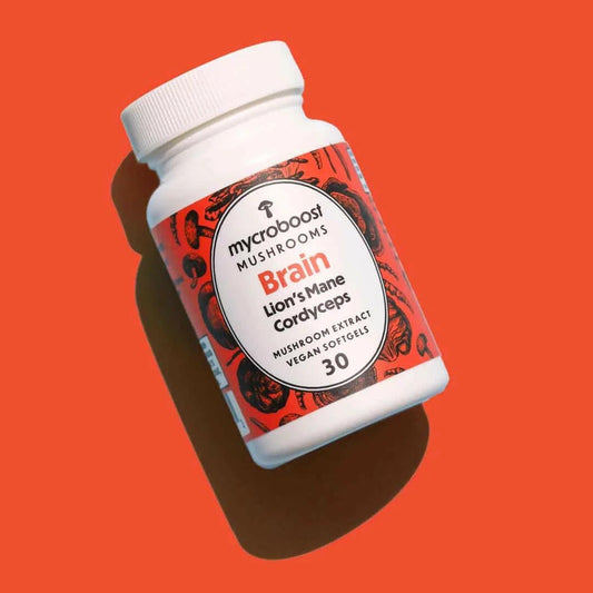 Vegan Brain Mushroom Supplement bottle with Lions Mane, Cordyceps, and Ginkgo for focus and energy.