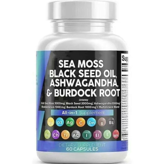 Sea Moss supplement bottle with Black Seed Oil, Ashwagandha, and Turmeric.
