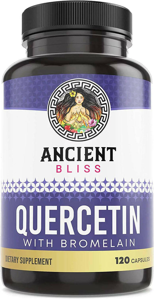 Ancient Bliss Quercetin Bromelain supplement bottle, 120 capsules for immune support, joint health, respiratory health.