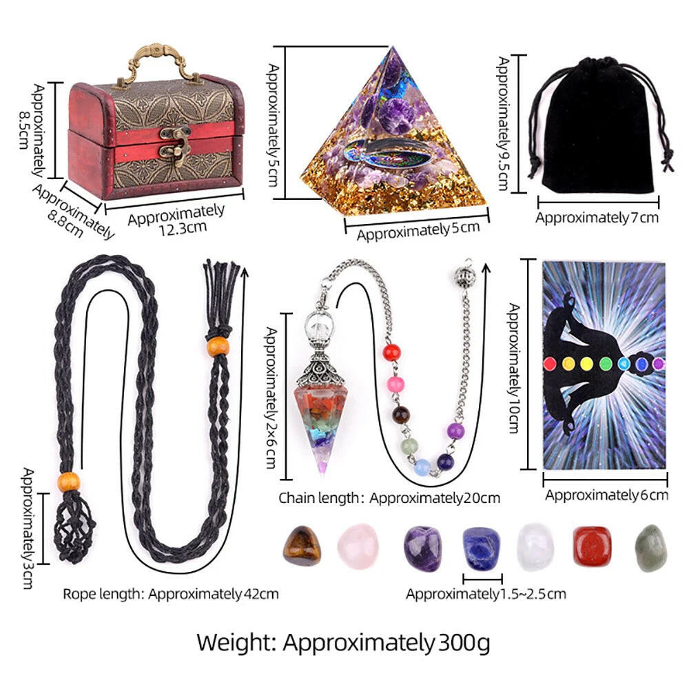 Natural Healing Crystals Kit 7 Chakra Tumbled Stones Resin Pendulum Braided Rope Amethyst Orgone Pyramid Yoga Card Set with Box