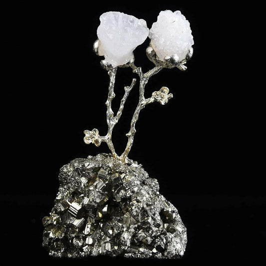 Natural Geode Agate Tree on Pyrite Base Crystals Money Tree Luck Figurine White Crystal Flower Pyrite Ornament 3-4" Tall