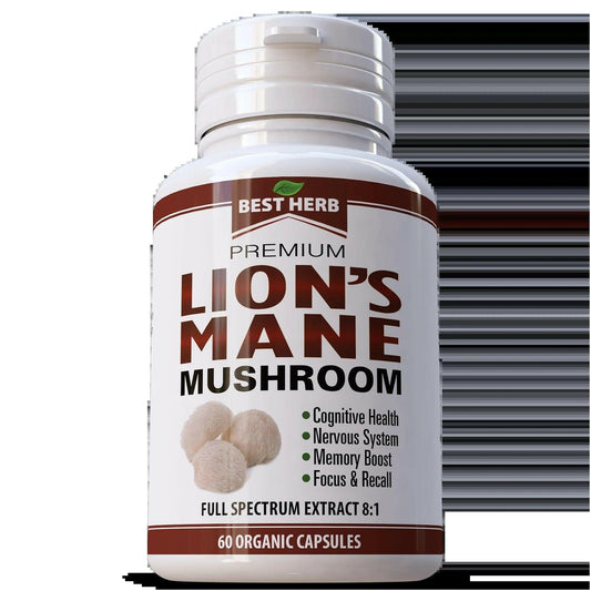 Premium Lion's Mane Mushroom 1000mg herbal supplement bottle, 60 capsules for cognitive health and nervous system support.