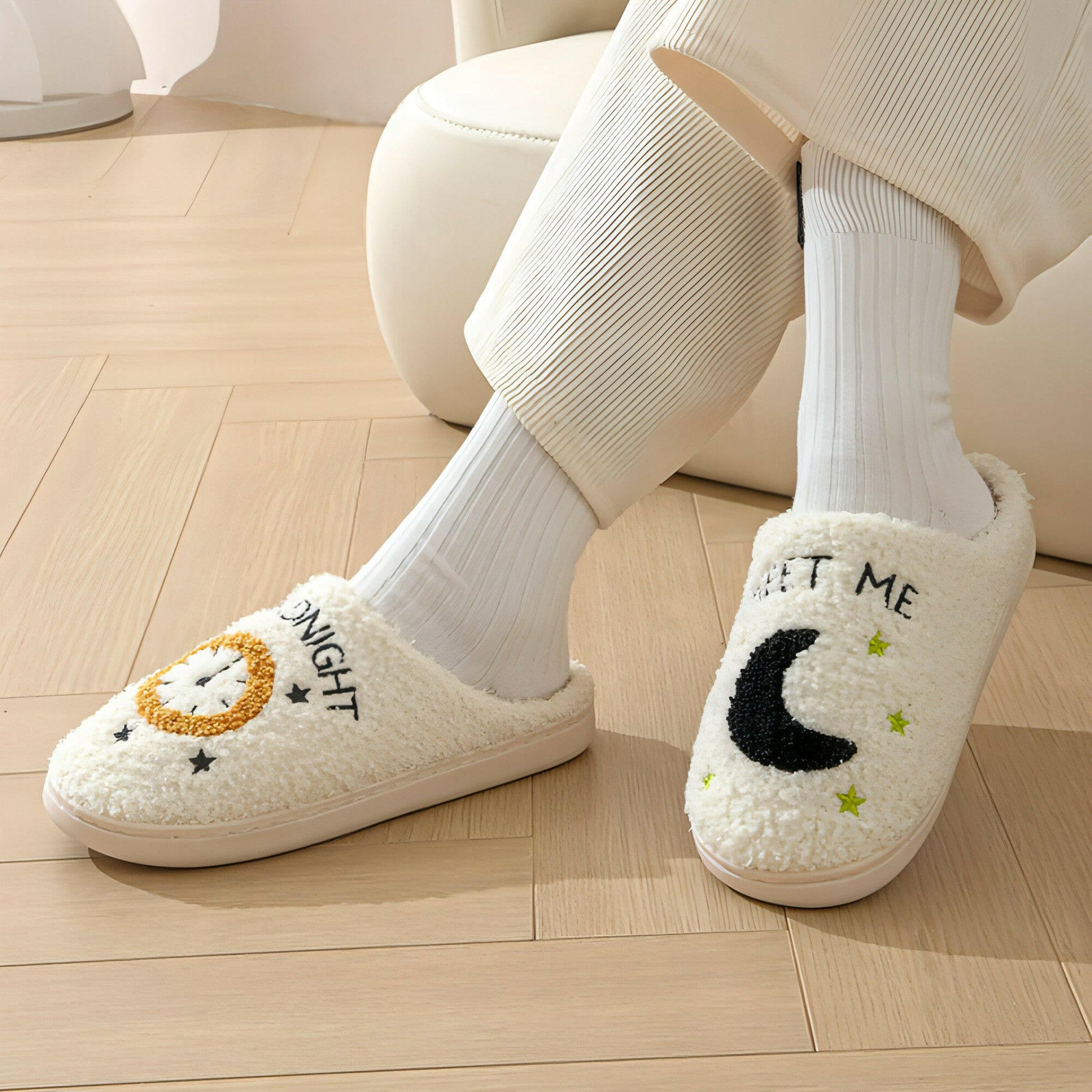 Moon and Clock Print Slipper Winter Warm Home Shoes Cute Bedroom Slippers