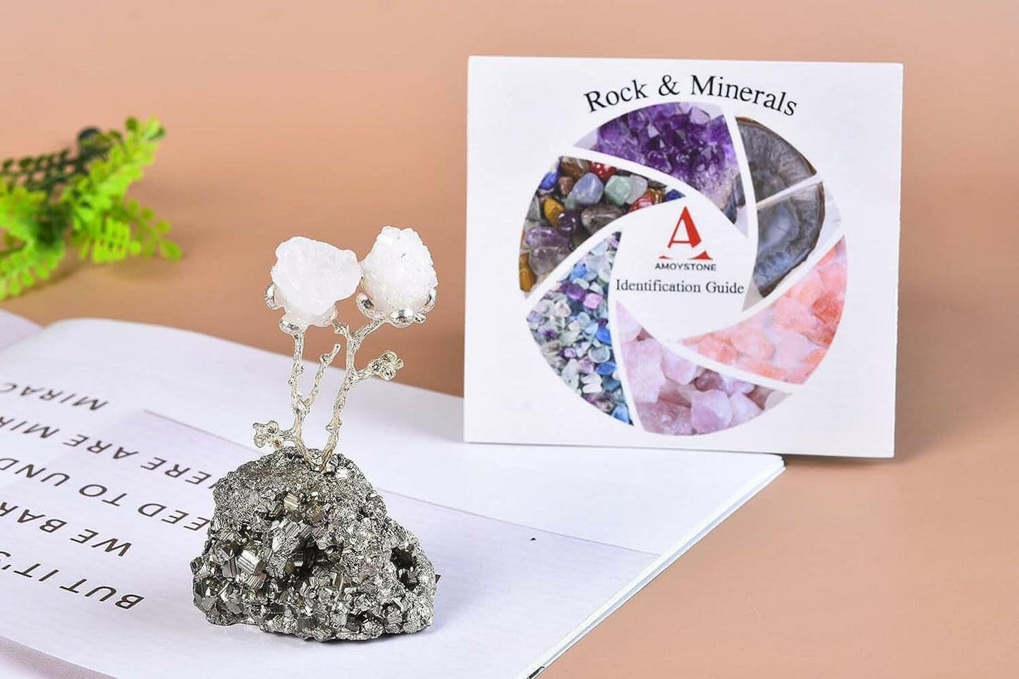 Natural Geode Agate Tree on Pyrite Base Crystals Money Tree Luck Figurine White Crystal Flower Pyrite Ornament 3-4" Tall
