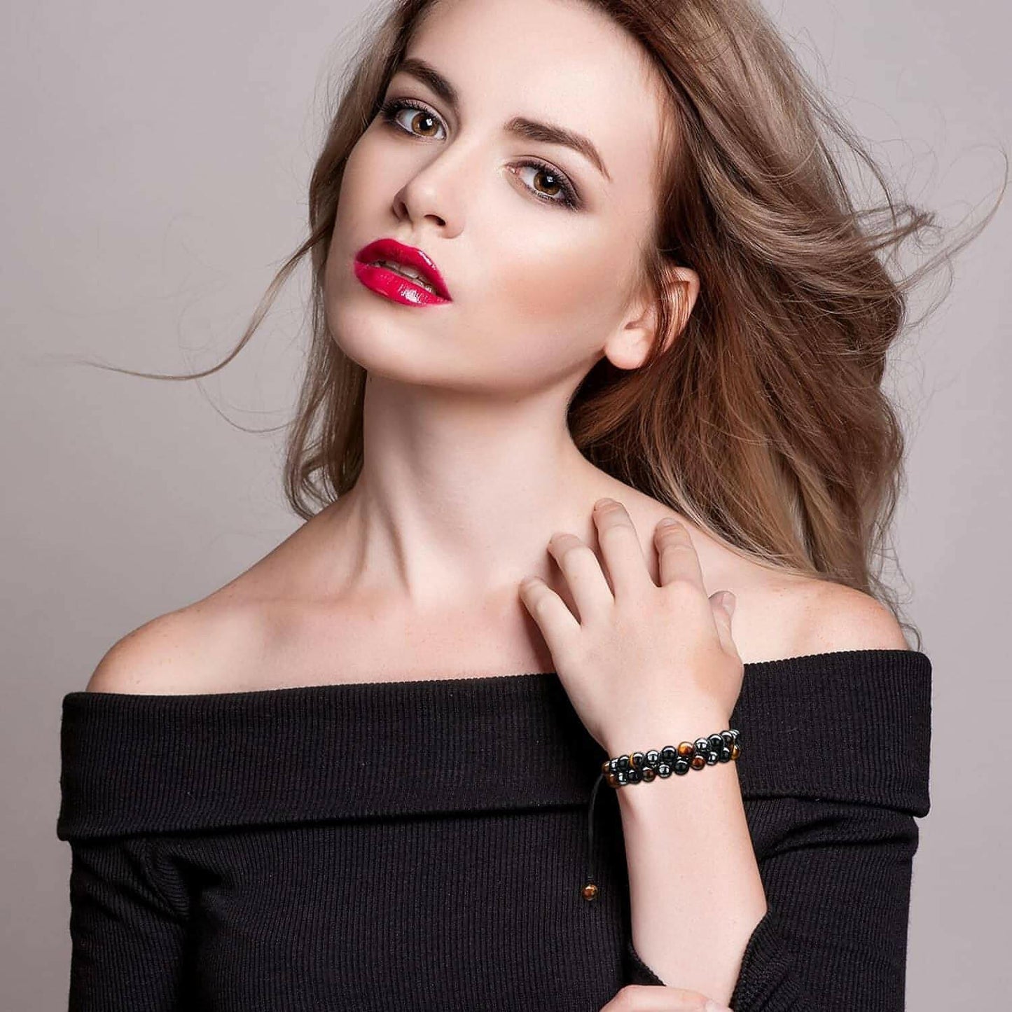 2 Pieces Lava Rock Bead Bracelets Triple Protection Bracelet Hematite Black Obsidian Tiger Eye Stone Bracelet Healing Crystal Gemstone Bead Bracelet Adjustable Anxiety Bracelet