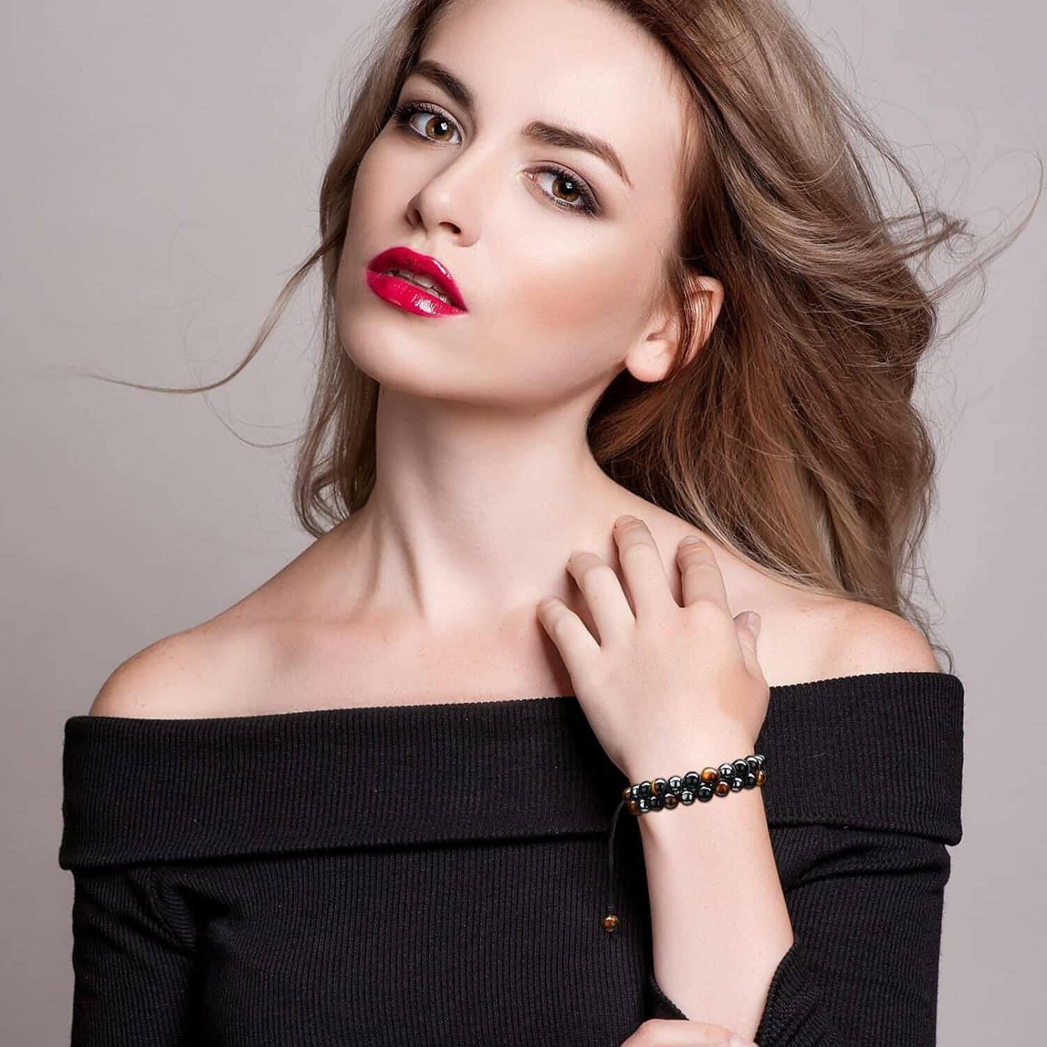 2 Pieces Lava Rock Bead Bracelets Triple Protection Bracelet Hematite Black Obsidian Tiger Eye Stone Bracelet Healing Crystal Gemstone Bead Bracelet Adjustable Anxiety Bracelet