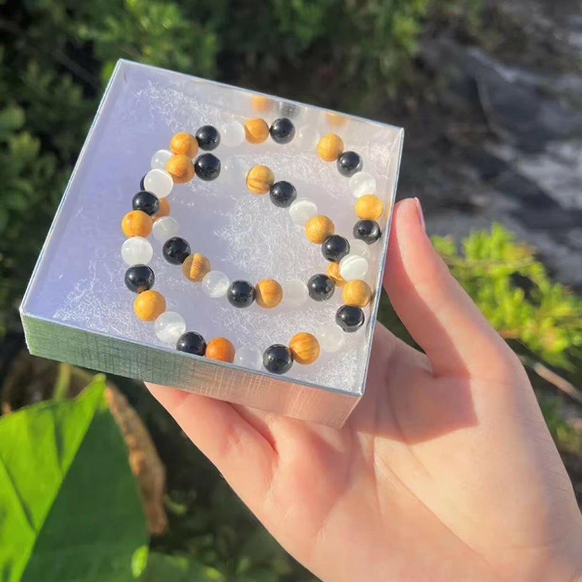 8Mm Crystal Body Purification Bracelet with Selenite, Black Tourmaline, and Palo Santo to Enhance Movement and Energy