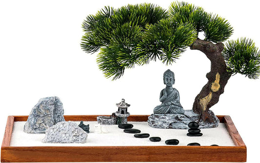 Desk Zen Garden with Buddha Shape, mini trees, rocks, and rake in wooden tray, 14 x 10 inch.