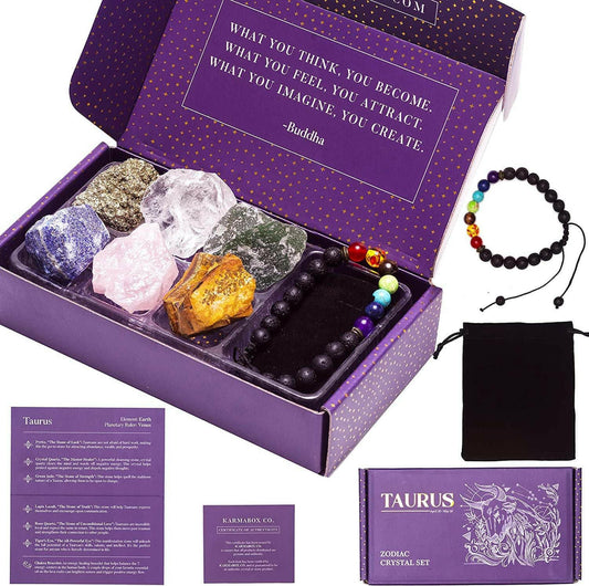 Taurus crystal healing stone gift set for women with 6 crystals, chakra bracelet, and velvet pouch, perfect astrology and zodiac gift.
