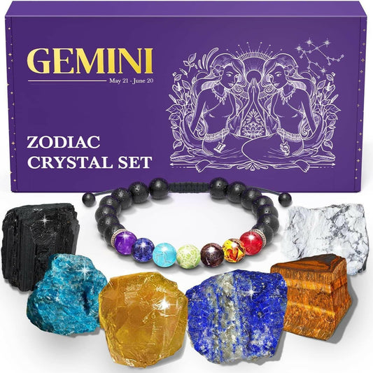 Gemini crystal healing stone gift set with 6 raw crystals, chakra bracelet, and decorative box for women astrology lovers.