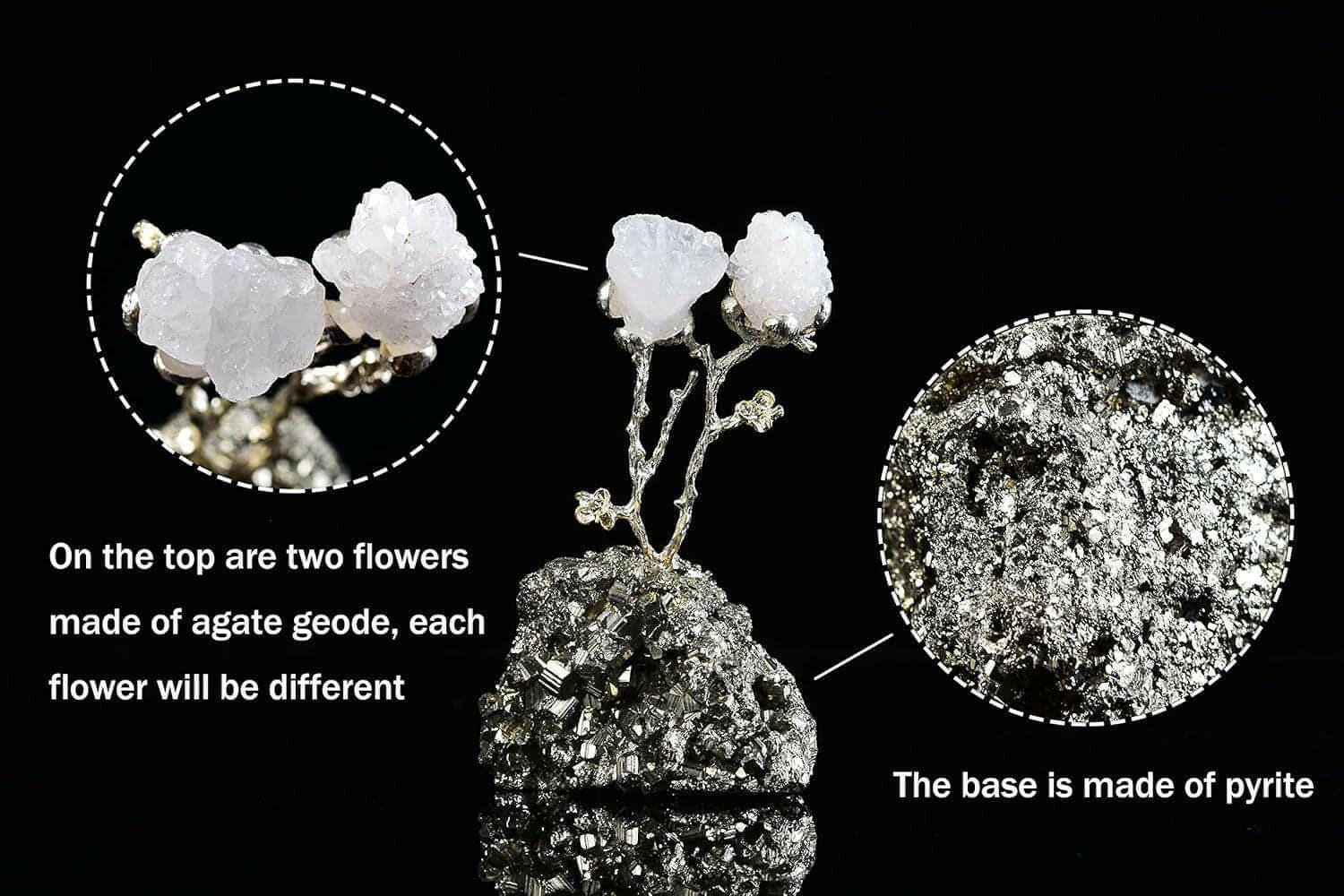 Natural Geode Agate Tree on Pyrite Base Crystals Money Tree Luck Figurine White Crystal Flower Pyrite Ornament 3-4" Tall