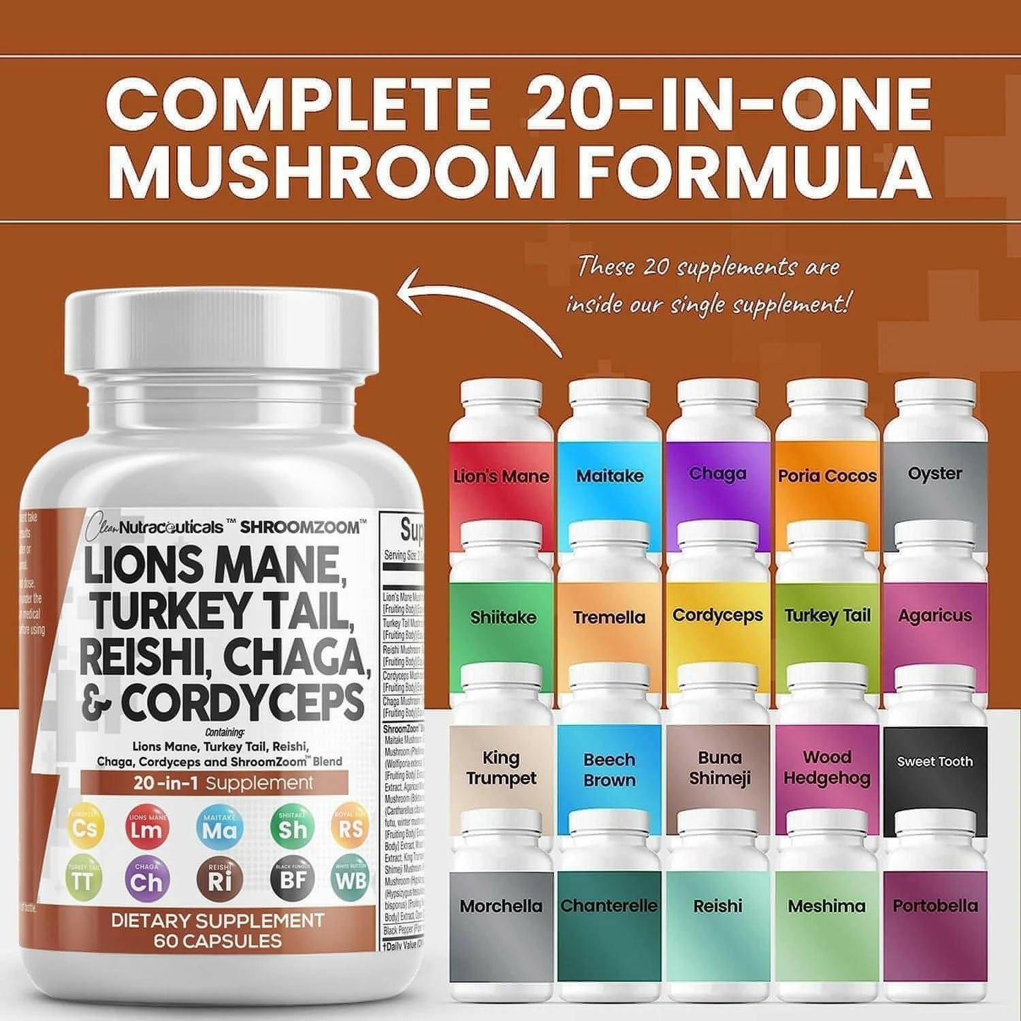 Lions Mane 3000Mg 20In1 Mushroom Supplement with Turkey Tail 2000Mg Reishi 1000Mg Cordyceps Chaga 1000Mg Maitake Meshima Poria Cocos Shiitake Oyster Porcini Enoki 60 Count