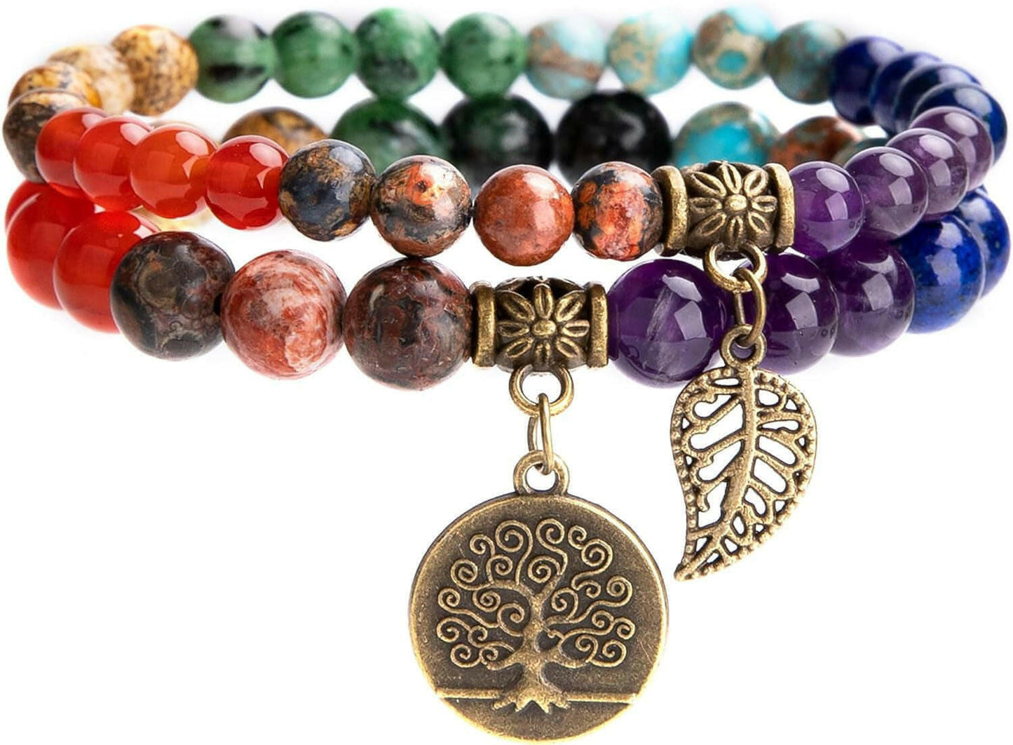 Natural Semi Precious Gemstone Beads Bracelet for Women - Life Tree and Leaf Charm Energy Healing Reiki Crystal Stretch Bracelets