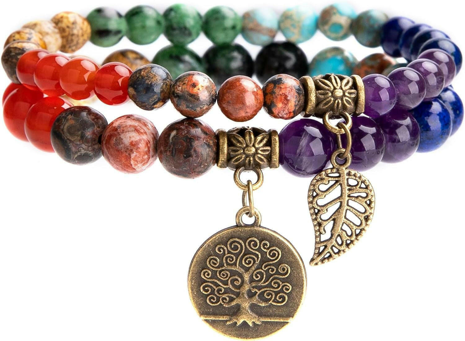 Natural Semi Precious Gemstone Beads Bracelet for Women - Life Tree and Leaf Charm Energy Healing Reiki Crystal Stretch Bracelets