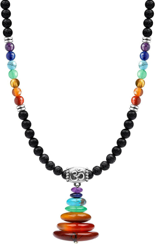Multi-purpose chakra jewelry necklace with colorful gemstone beads for meditation and anxiety relief.