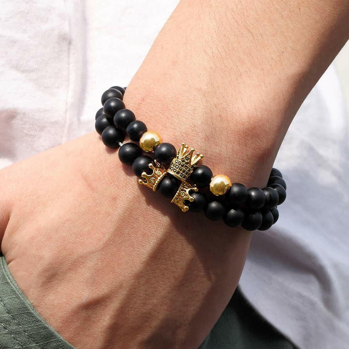 4 Pcs Crown King Bracelets for Men Black Matte Onyx Cool Natural Stone Bracelets Set