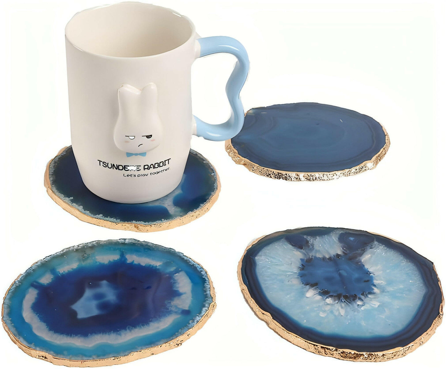 Golden Plated Dyed Blue Agate Coasters Set of 4, Crystal Coaster for Drinks,Geode Coasters with Gold Edge, with Rubber Bumper,Suitable for Kinds of Cups, Wooden Table, Cool Home Decor(3－4")