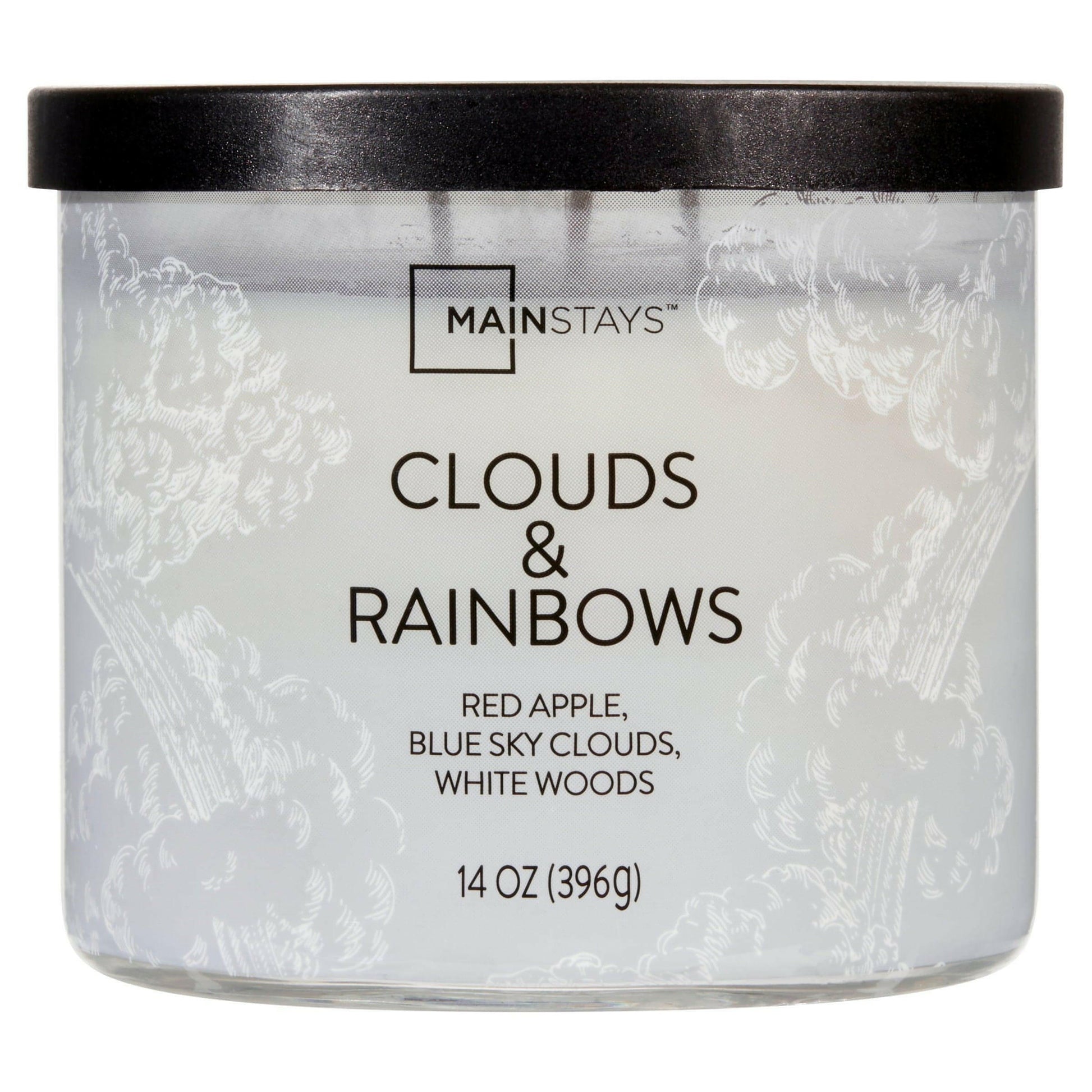 3-Wick Wrapped Clouds & Rainbows Scented Candle, 14 Oz with decorative wrap and metal lid.