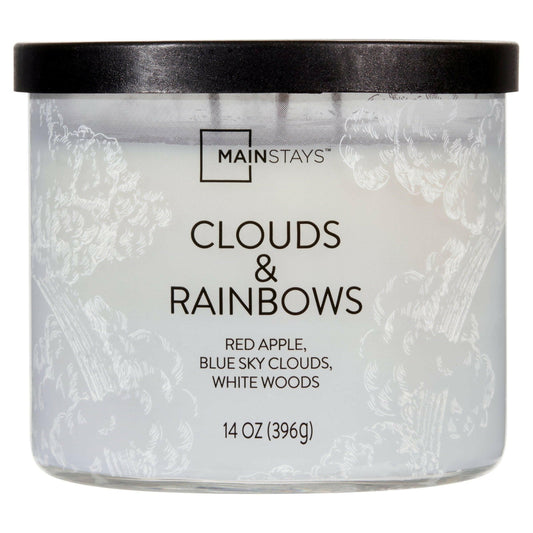 3-Wick Wrapped Clouds & Rainbows Scented Candle, 14 Oz with decorative wrap and metal lid.