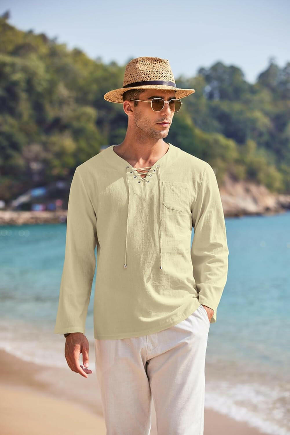 Mens Linen Beach Tee Shirts Cotton Hippie Shirts V Neck Long Sleeve Tunic Big and Tall Yoga Shirt