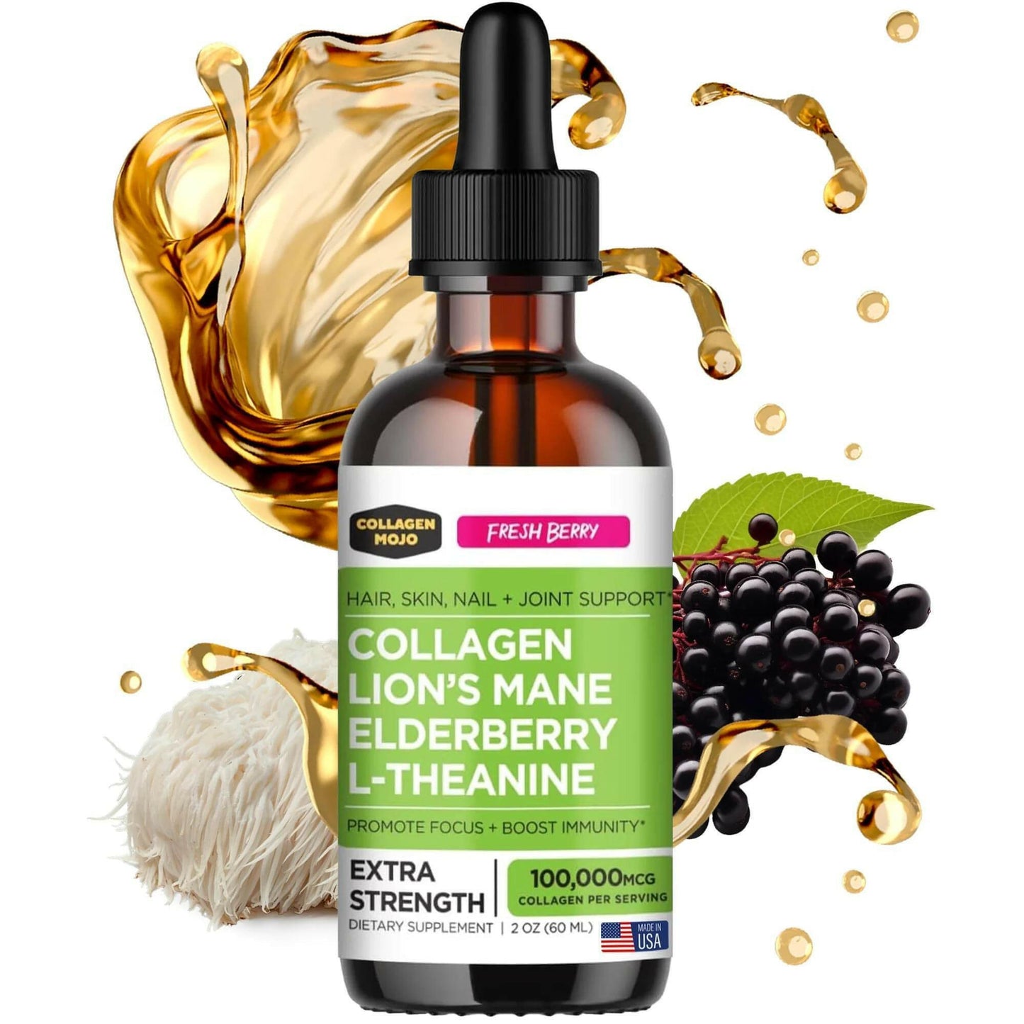 Liquid collagen peptides with Lion's Mane, elderberry, and L-Theanine for skin, hair, joint support, and brain health - 2 oz bottle.