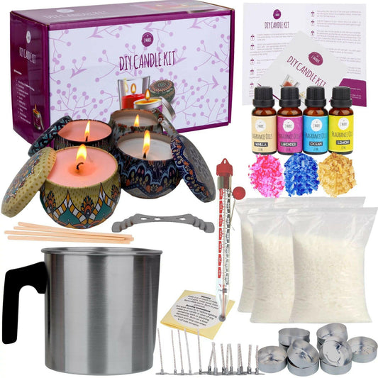 DIY Candle Making Kit for Adults with 4 Decorative Candle Tins, 10 Tealight Tins, Soy Wax, Dye, Fragrance Oils, Cotton Wicks, Melting Pot, Wick Holder.