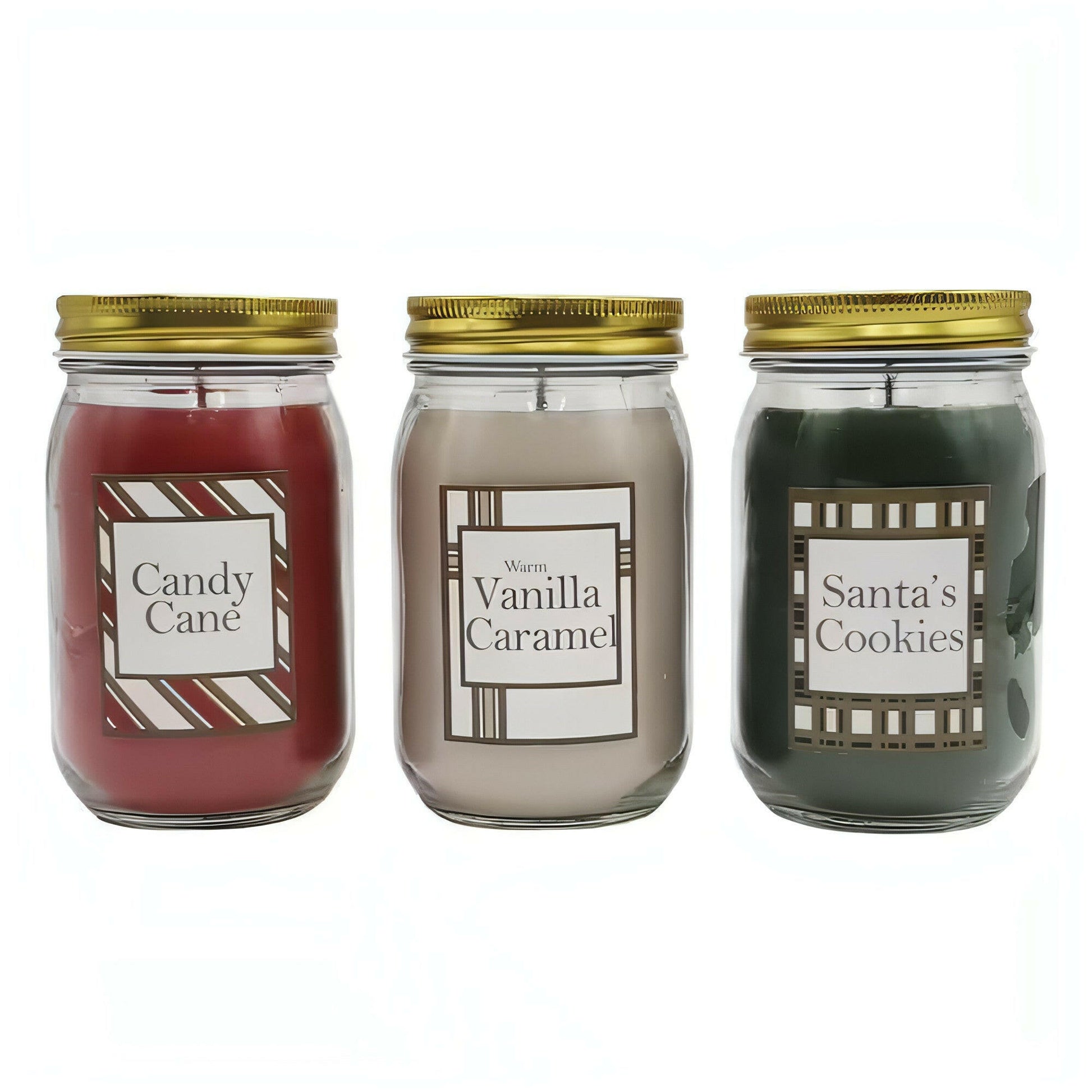 Scented Candles Holiday Collection in 18 Oz. Glass Jars (3 Count) - Candy Cane, Warm Vanilla Caramel, Santa's Cookies.
