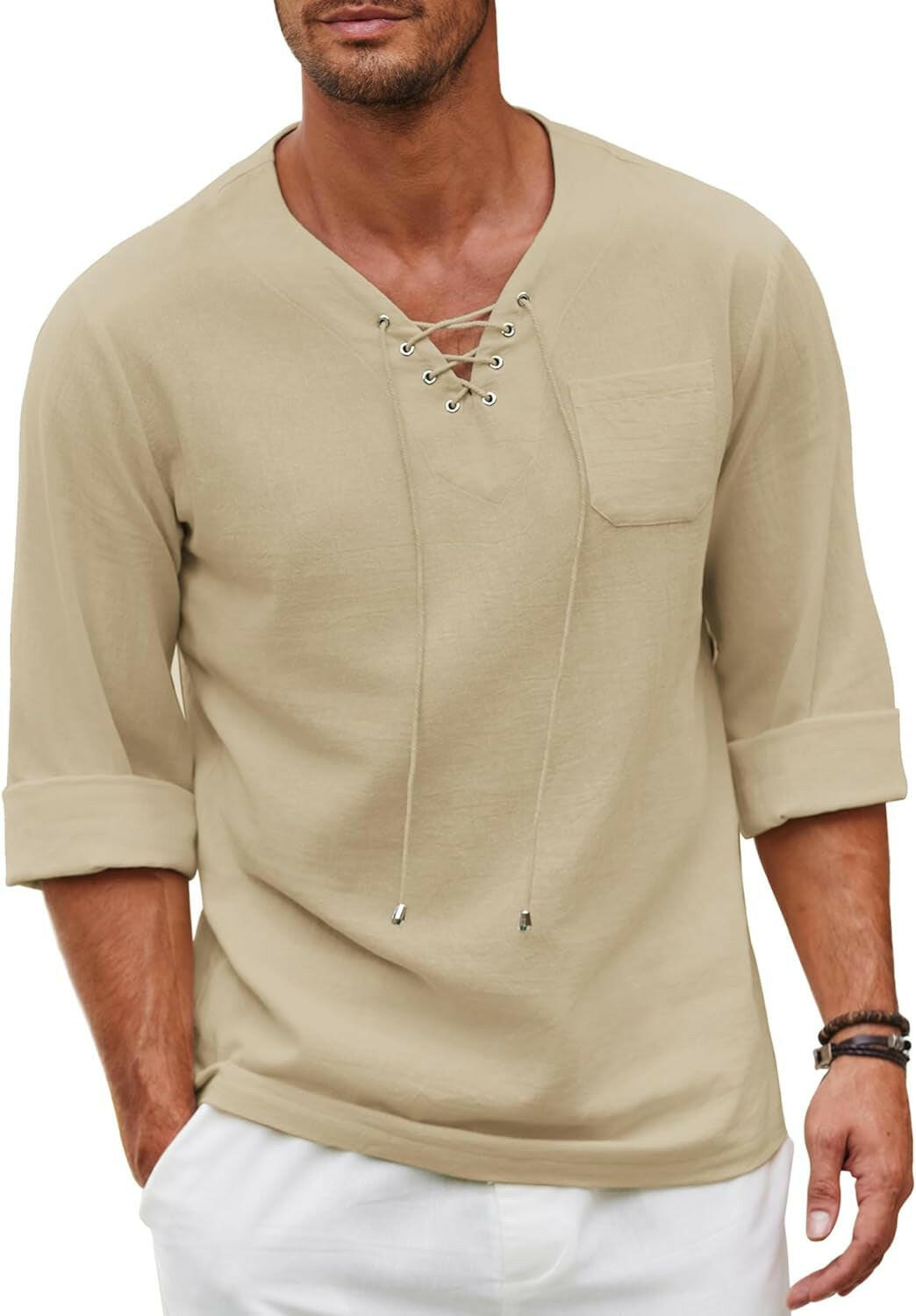 Mens Linen Beach Tee Shirts Cotton Hippie Shirts V Neck Long Sleeve Tunic Big and Tall Yoga Shirt