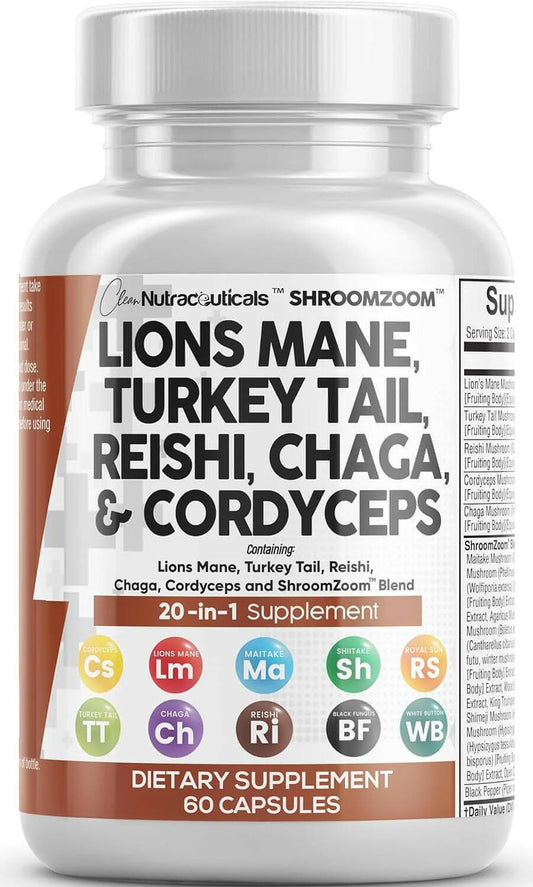 Lions Mane 3000Mg 20In1 Mushroom Supplement with Turkey Tail, Reishi, Cordyceps, Chaga, 60 count.