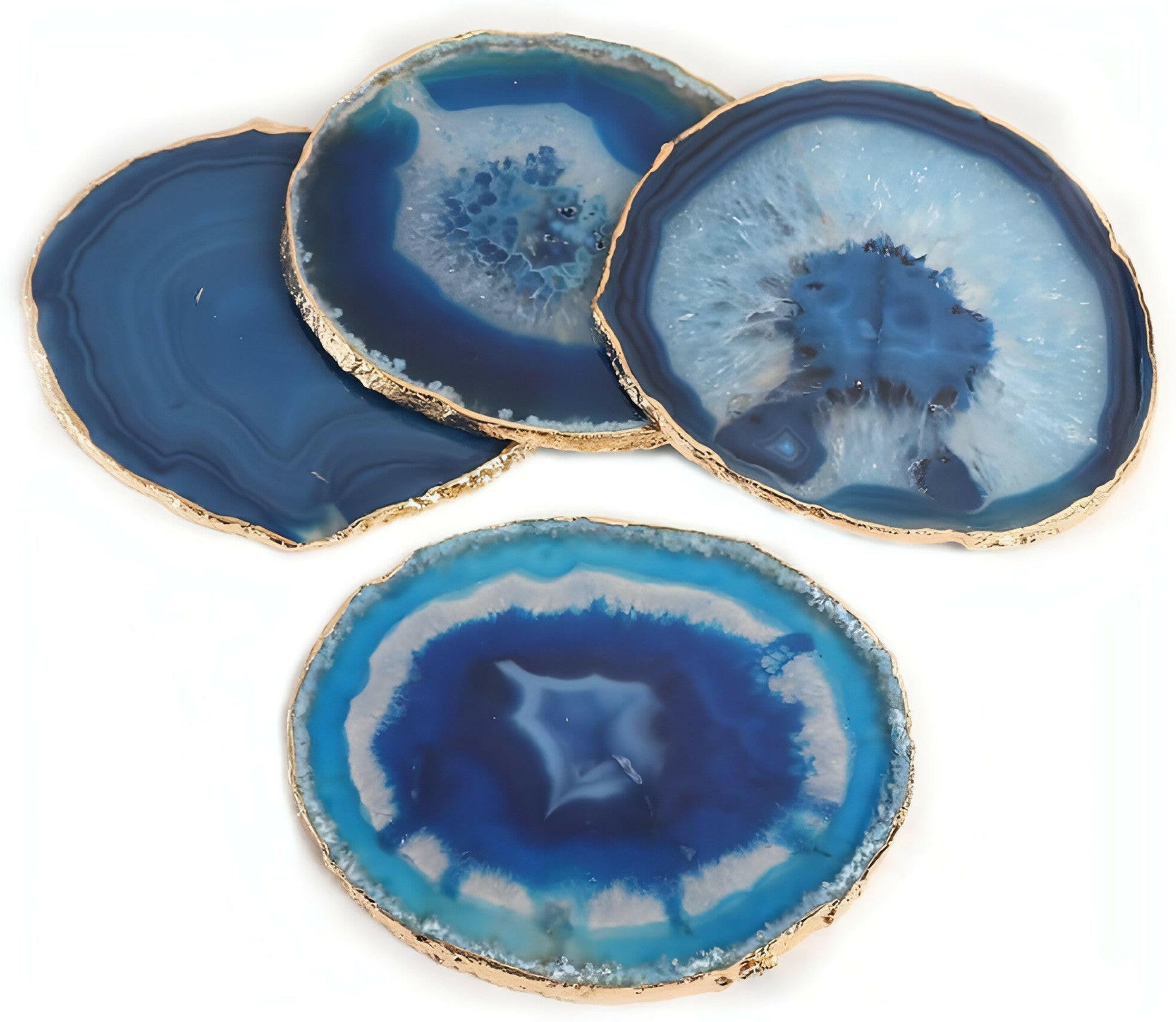 Golden Plated Dyed Blue Agate Coasters Set of 4, Crystal Coaster for Drinks,Geode Coasters with Gold Edge, with Rubber Bumper,Suitable for Kinds of Cups, Wooden Table, Cool Home Decor(3－4")