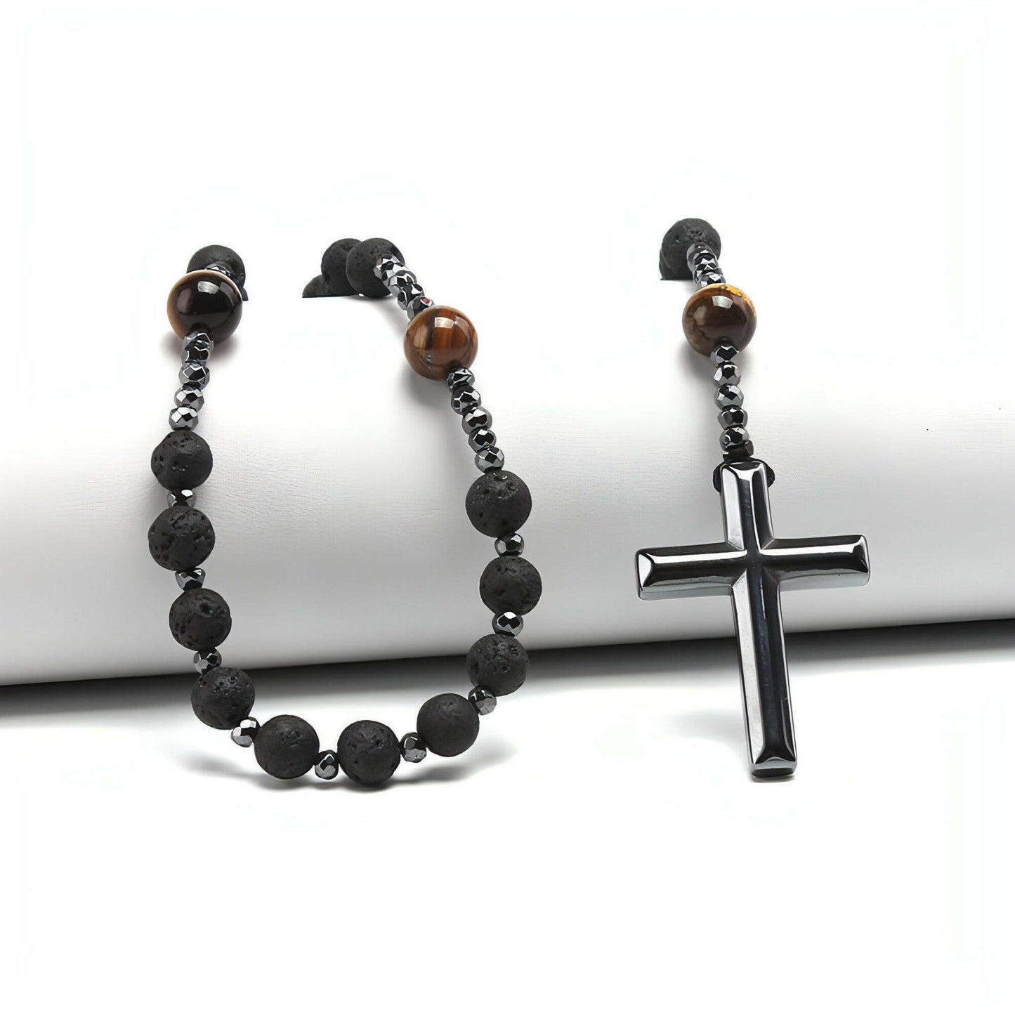 Natural Lava Stone Tiger-Eye Hematite Cross Pendant Necklace Rosary Handmade Jewelry for Men