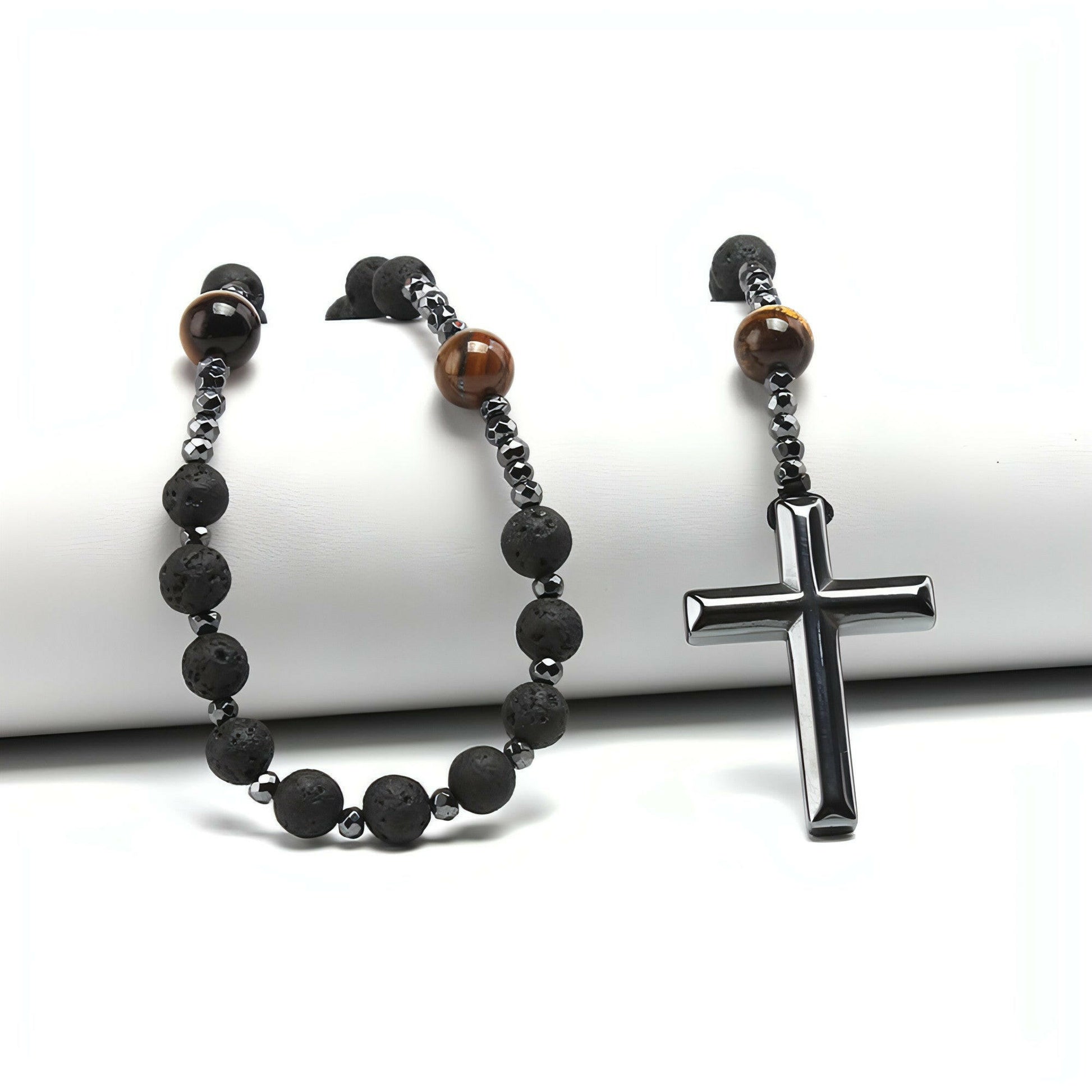 Natural Lava Stone Tiger-Eye Hematite Cross Pendant Necklace Rosary Handmade Jewelry for Men