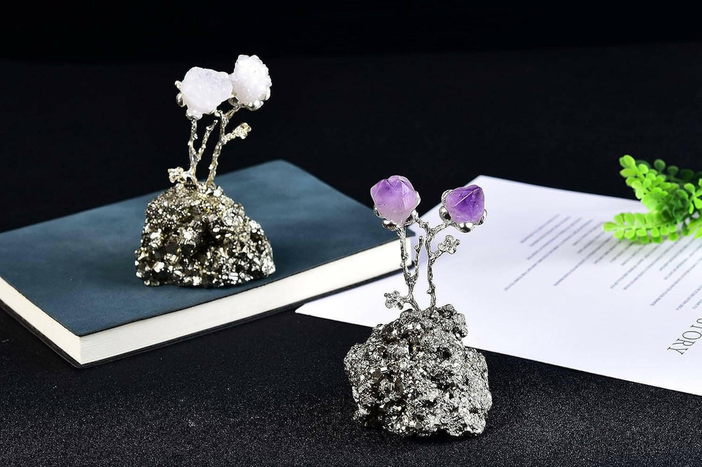 Natural Geode Agate Tree on Pyrite Base Crystals Money Tree Luck Figurine White Crystal Flower Pyrite Ornament 3-4" Tall