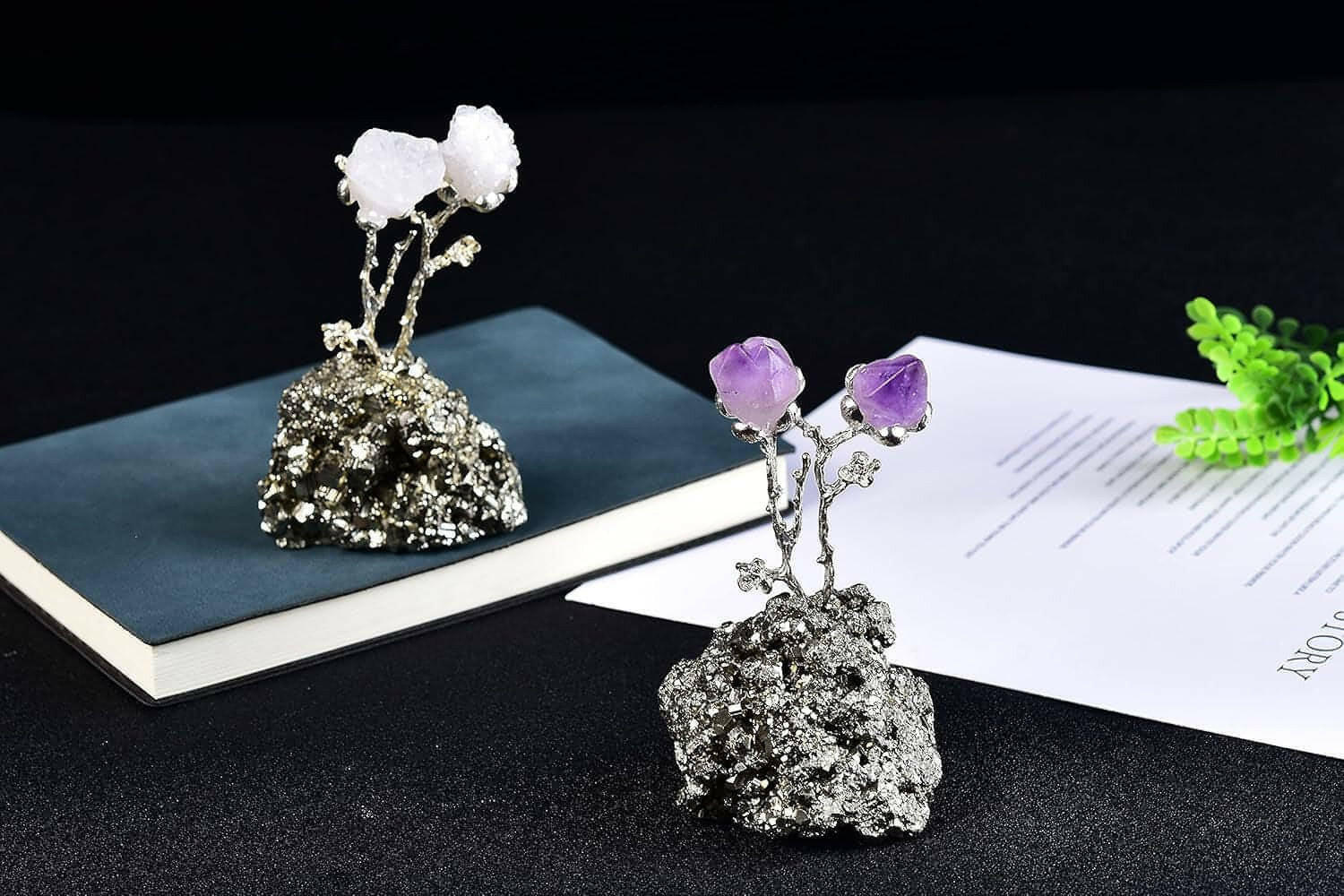 Natural Geode Agate Tree on Pyrite Base Crystals Money Tree Luck Figurine White Crystal Flower Pyrite Ornament 3-4" Tall