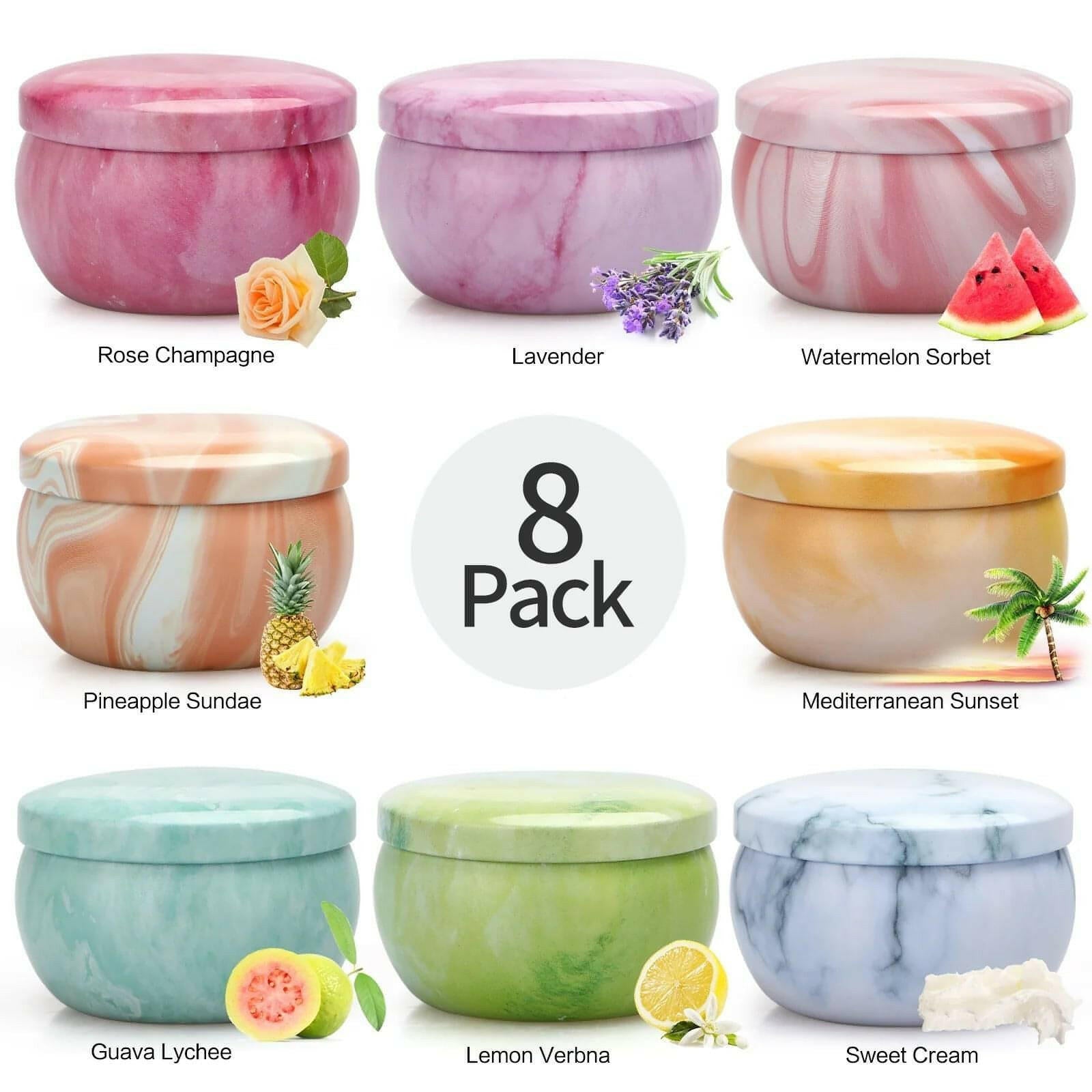 8 Pack scented candles set with essential oils, featuring Lavender, Rose Champagne, Watermelon Sorbet, Pineapple Sundae, Mediterranean Sunset, Guava Lychee, Lemon Verbena, and Sweet Cream.