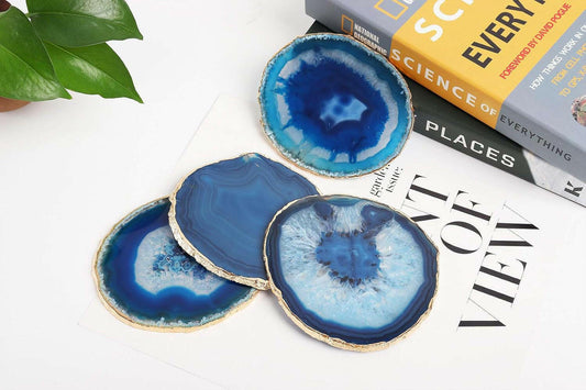 Golden Plated Dyed Blue Agate Coasters Set of 4, Crystal Coaster for Drinks,Geode Coasters with Gold Edge, with Rubber Bumper,Suitable for Kinds of Cups, Wooden Table, Cool Home Decor(3－4")